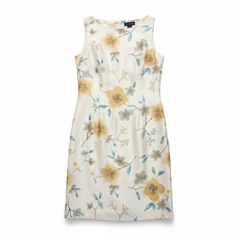 Ann Taylor Cream Floral Midi Dress with Yellow and Blue Accents
